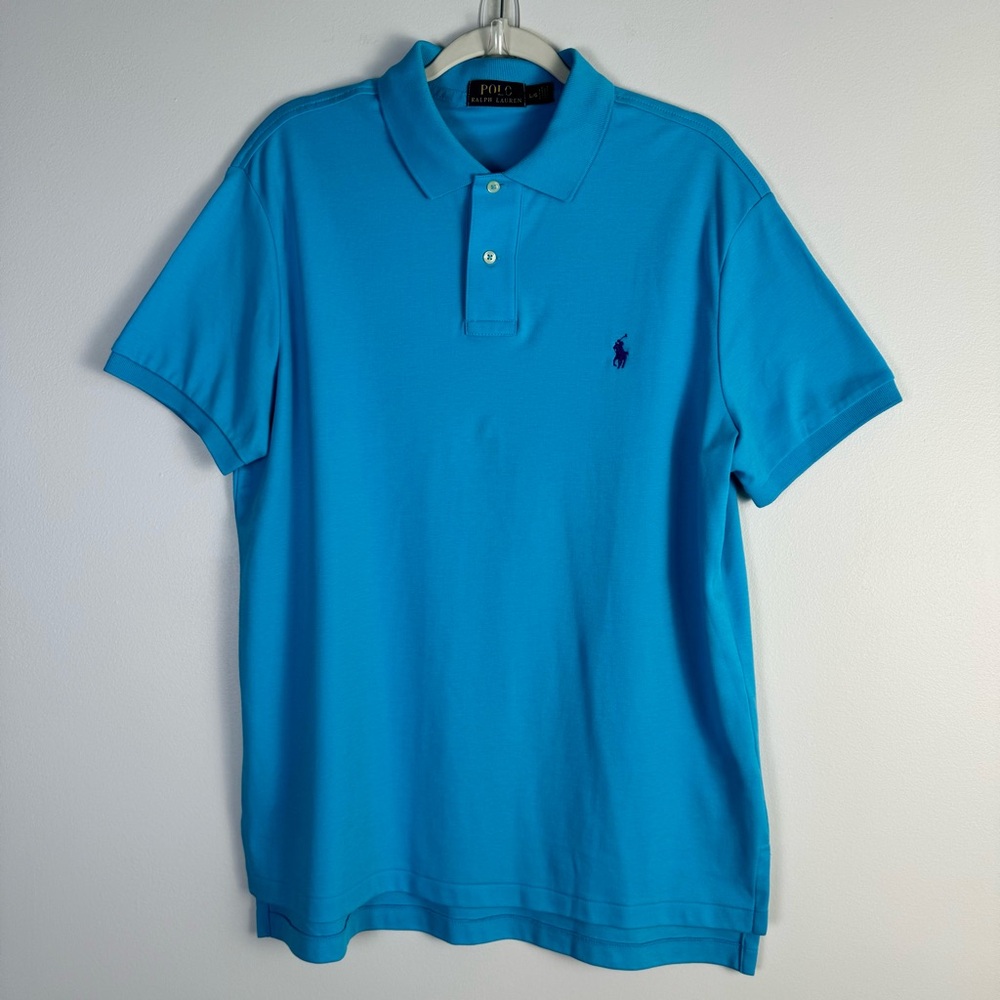 Polo Ralph Lauren Teal Aqua Blue 2 Button Polo Short Sleeve Shirt Large Solid